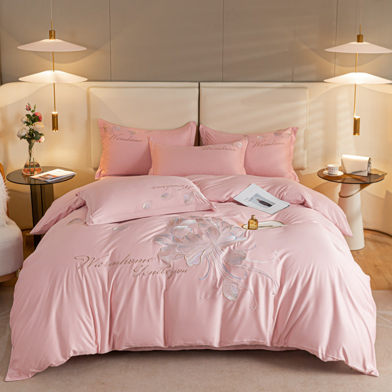طقم سرير فاخر ، قطن ملمس حرير ، طقم سرير حريرى مطبوع، غطاء لحاف حريرى ناعم مطبوع، ملاءة سادة، 2 وسادة  ، (200 × 230 سم)