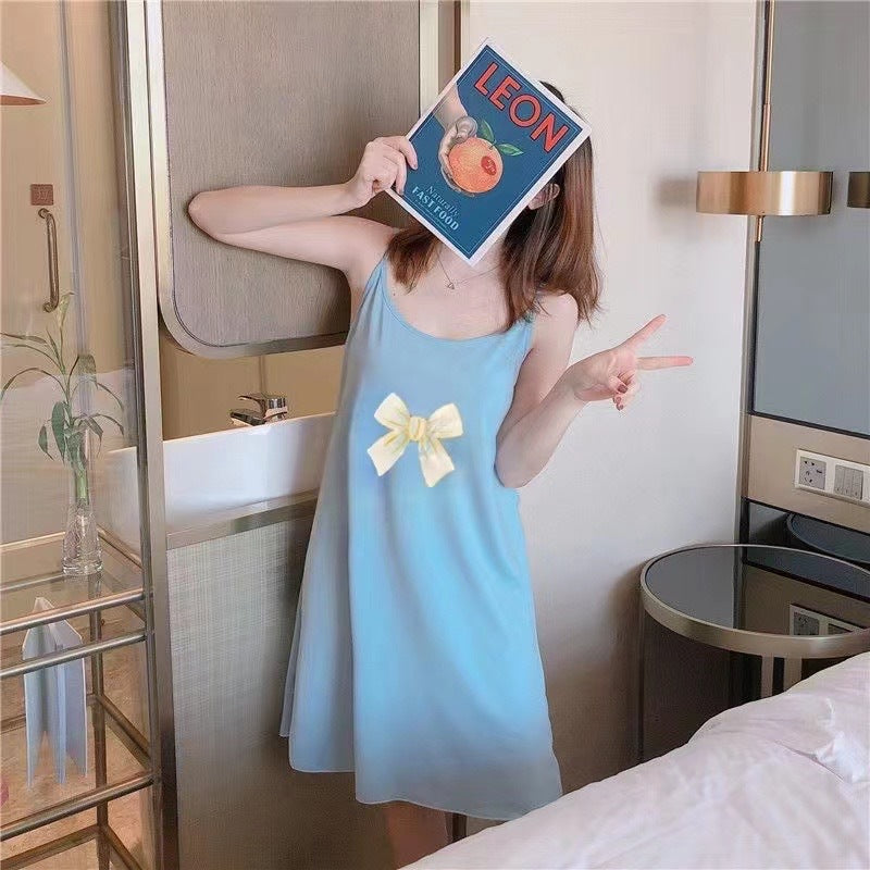 فستان نوم من القطن بطبعة فيونكة، قميص نوم من القطن اليكرا،