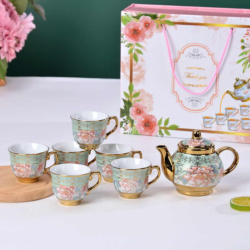 طقم شاي من السيراميك على الطراز الأوروبي من أبريق و 6 أكواب مع علبة هدية