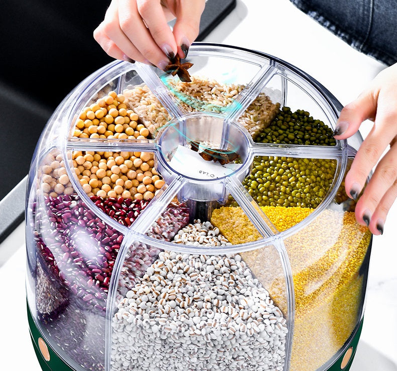 علبة دوارة لحفظ و تخزين و توزيع الأرز و الحبوب تعمل بنقرة واحدة لأخراج الأرز و الحبوب و الوجبات الخفيفة و حبوب القهوة، مكونة من 6 أقسام