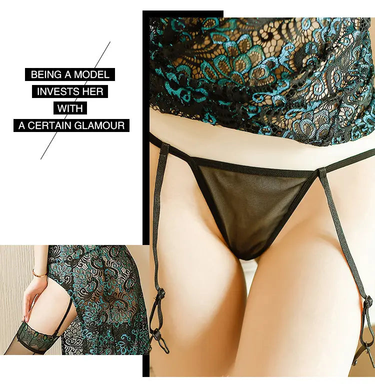 قميص نوم نسائي مطرز بريش الطاووس الجميل مع جوارب داخلية