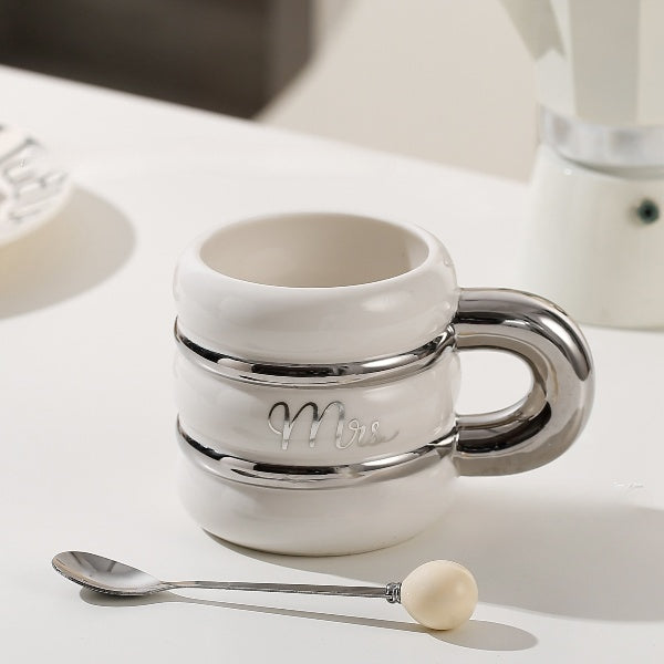 مج من السيراميك على الطراز الأوروبى Mr , Mrs ، مج شاي مطلي بالون الذهبى ، 400 ملى