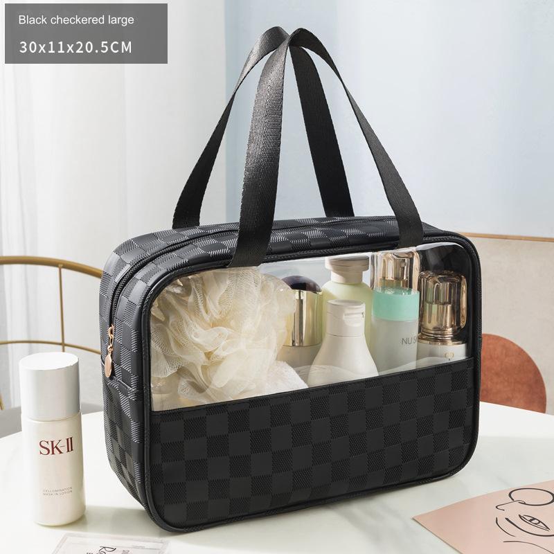 شنطة مكياج شفافة متعددة الإستخدام، مصنوعة من جلد البولي يوريثين المقاوم للماء للسفر، شنط مستحضرات تجميل للنساء مع مقبض وشنطة منظم مكياج بتصميم مربعات (أسود)