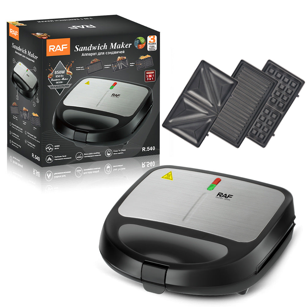 ماكينة صنع الساندويتشات والوافل راف R.540 3 في 1، طلاء غير لاصق، سهلة التنظيف، تسخين سريع، RAF 850 وات، فولاذ/أسود