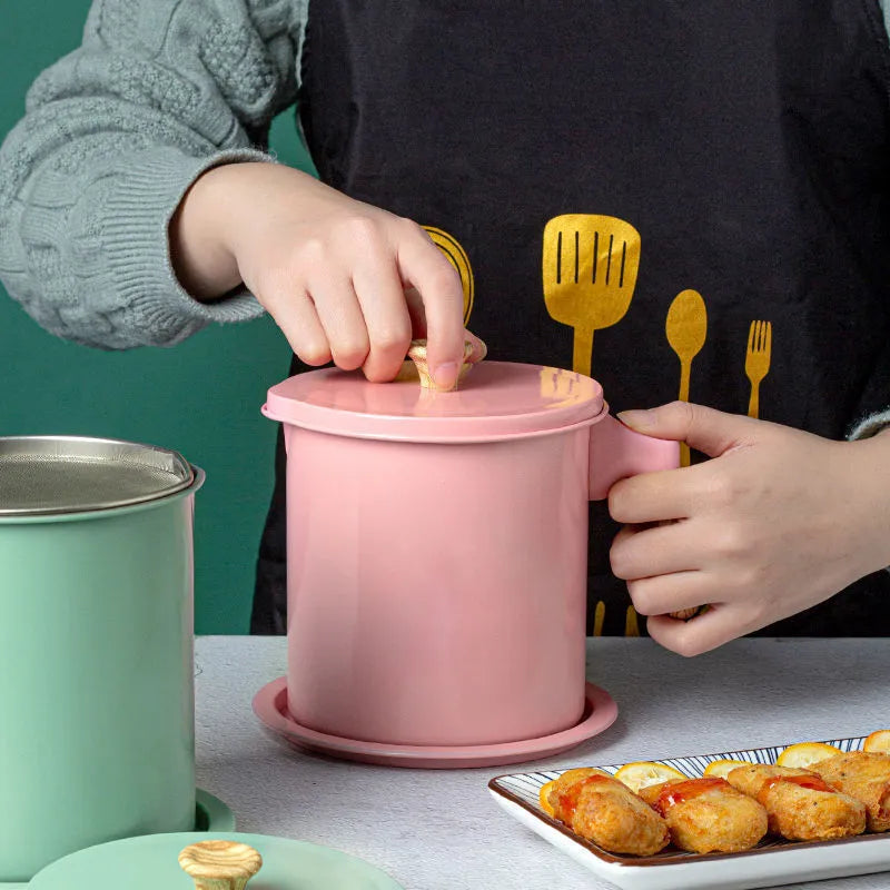 فلتر زيت مع مصفاة ستانلس ستيل مانعة للتسرب، للقلي وتخزين زيت الطبخ 1.4 لتر