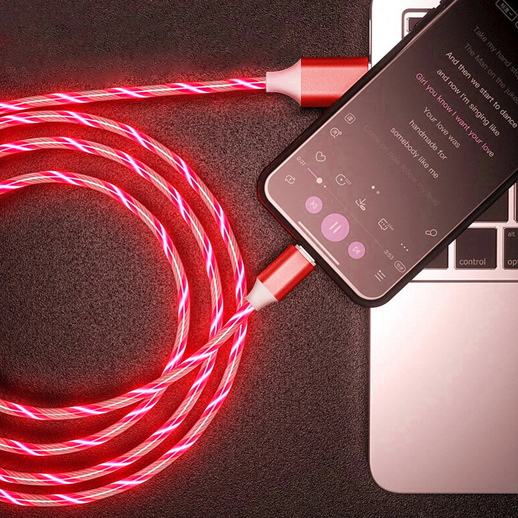 كابل شاحن مضيء  LED متدفق ساطع كابل شحن سيارة USB متوافق مع نوع Type C - iOS - Apple
