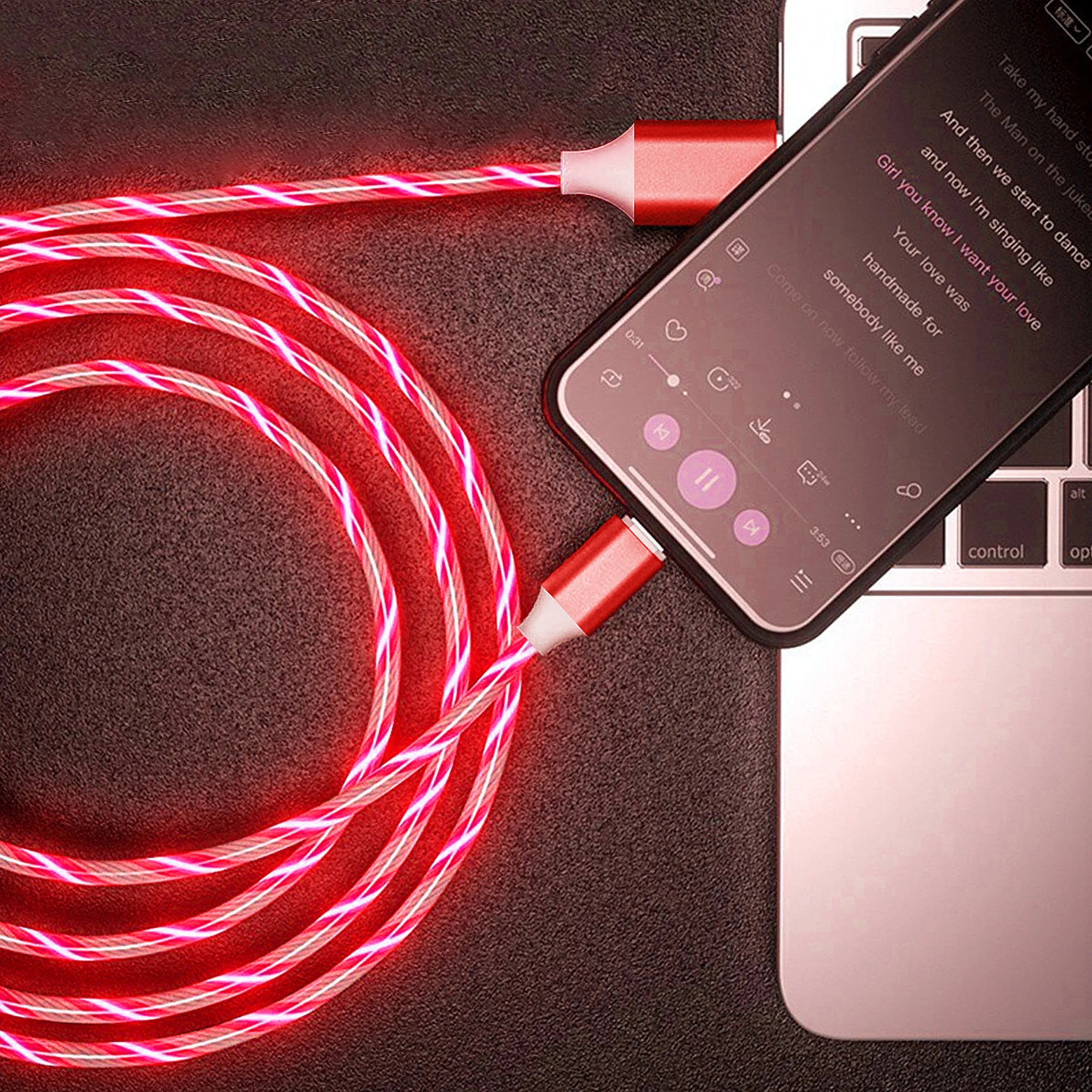 كابل شاحن مضيء  LED متدفق ساطع كابل شحن سيارة USB متوافق مع نوع Type C - iOS - Apple