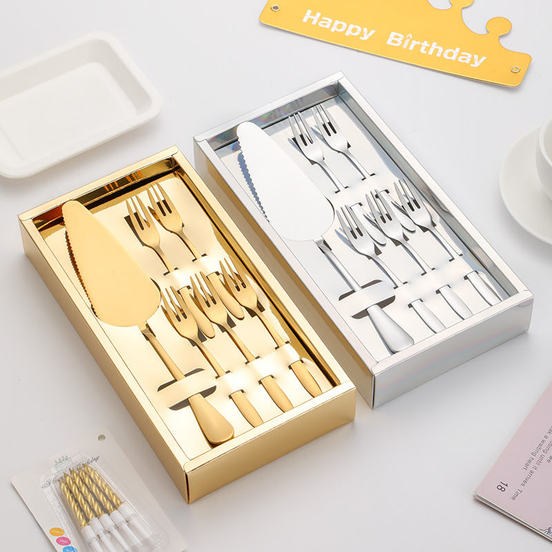 طقم شوك وملعقة كيك من الفولاذ المقاوم للصدأ مع صندوق هدايا