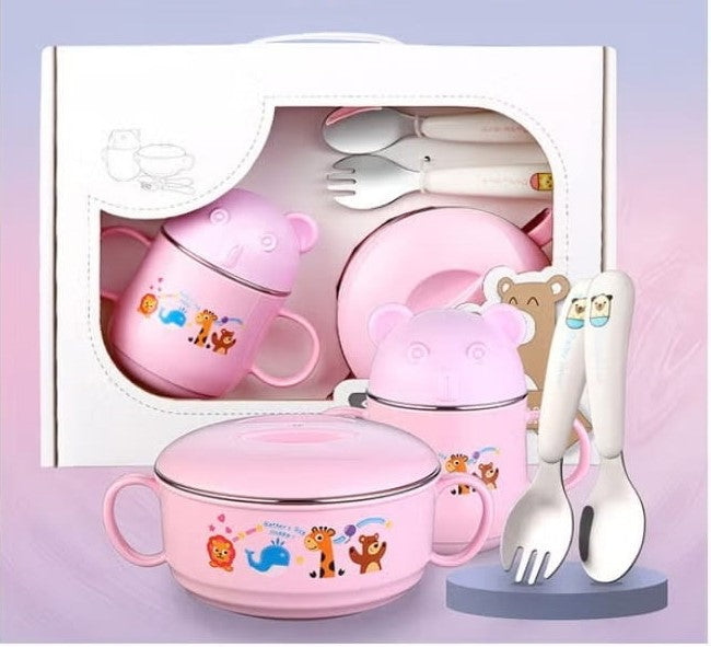 مجموعة أدوات المائدة للأطفال الكرتونية المعزولة من الفولاذ المقاوم للصدأ 4 قطع في صندوق هدايا