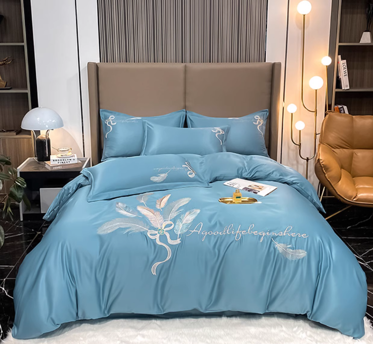 طقم سرير فاخر، قطن ملمس حرير، طقم سرير حريرى مطبوع (شكل ريش)، غطاء لحاف حريرى ناعم مطبوع، ملاءة سادة، 2 وسادة، 200 × 230 سم الطقم 4 قطع