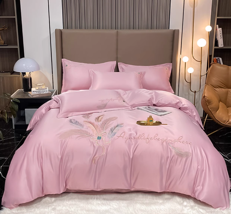 طقم سرير فاخر، قطن ملمس حرير، طقم سرير حريرى مطبوع (شكل ريش)، غطاء لحاف حريرى ناعم مطبوع، ملاءة سادة، 2 وسادة، 200 × 230 سم الطقم 4 قطع