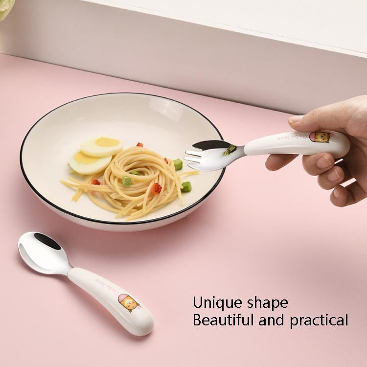 طقم شوكة و ملعقة من الفولاذ المقاوم للصدأ، بمقبض من البلاستك عالى الجودة على شكل حيوان كرتوني للأطفال مكون من قطعتين