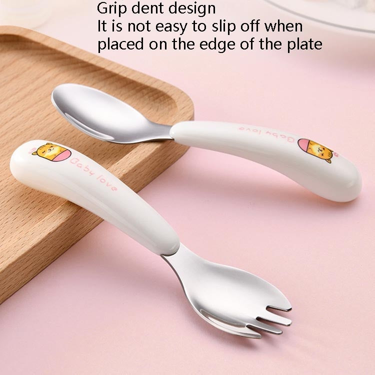 طقم شوكة و ملعقة من الفولاذ المقاوم للصدأ، بمقبض من البلاستك عالى الجودة على شكل حيوان كرتوني للأطفال مكون من قطعتين