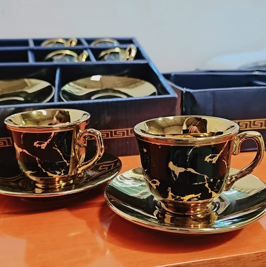 طقم فناجين قهوة تركي من السيراميك عالى الجودة، يتكون من 12 قطعة، مع أطباق باللون الذهبي