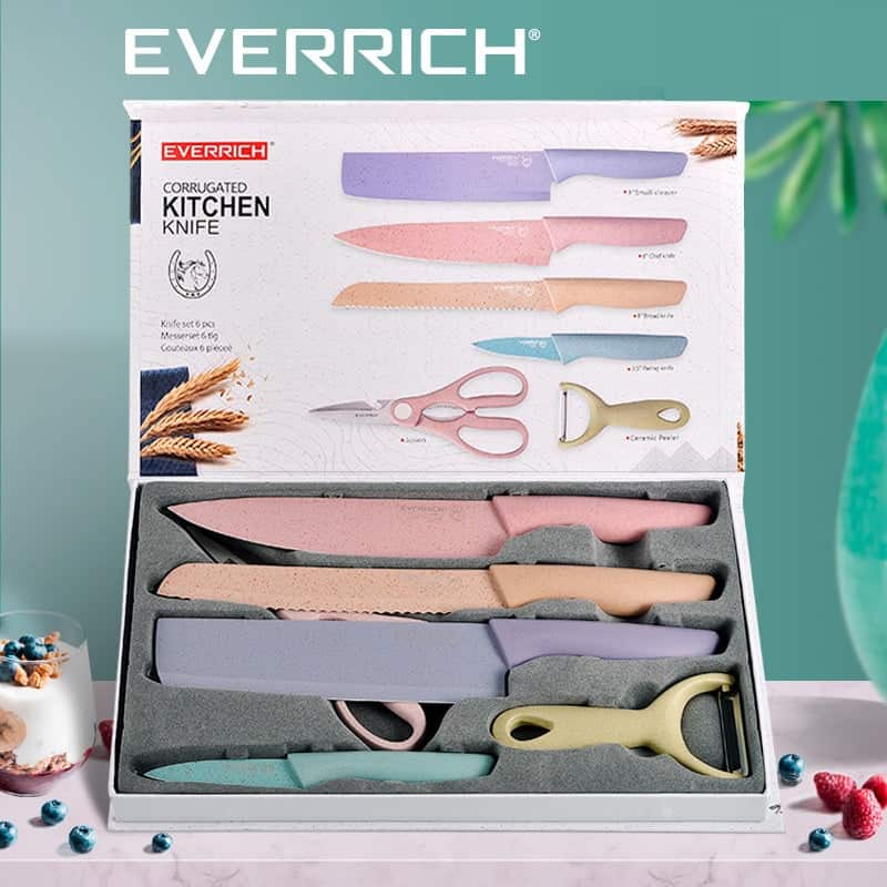 طقم سكاكين مطبخ ملون من الفولاذ المقاوم للصدأ، مكون من 6 قطع