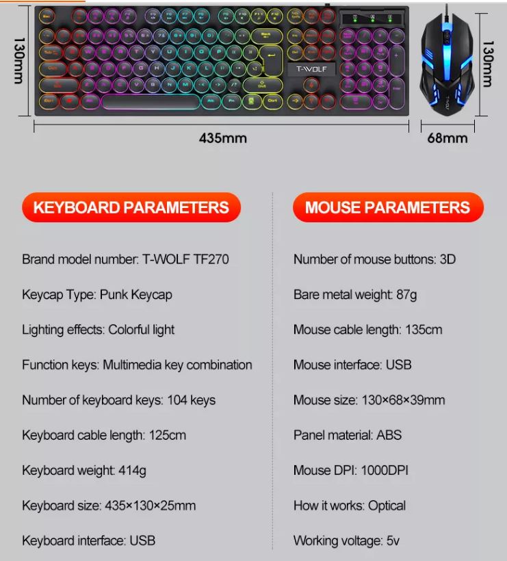 مجموعة لوحة مفاتيح سلكية وماوس TF270 Punk مضيئة للألعاب USB باللغة الانجليزية