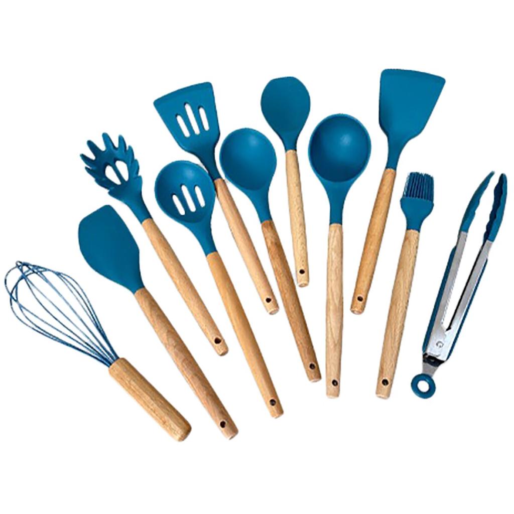 طقم توزيع سيليكون بمقبض خشبي مكون من 12 قطعة باللون الأزرق