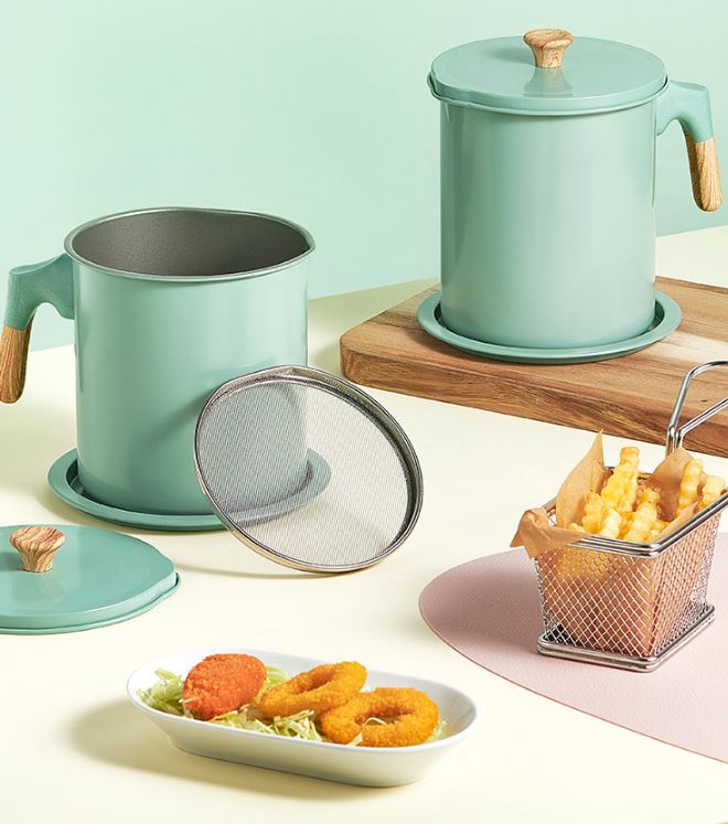 فلتر زيت مع مصفاة ستانلس ستيل مانعة للتسرب، للقلي وتخزين زيت الطبخ 1.4 لتر