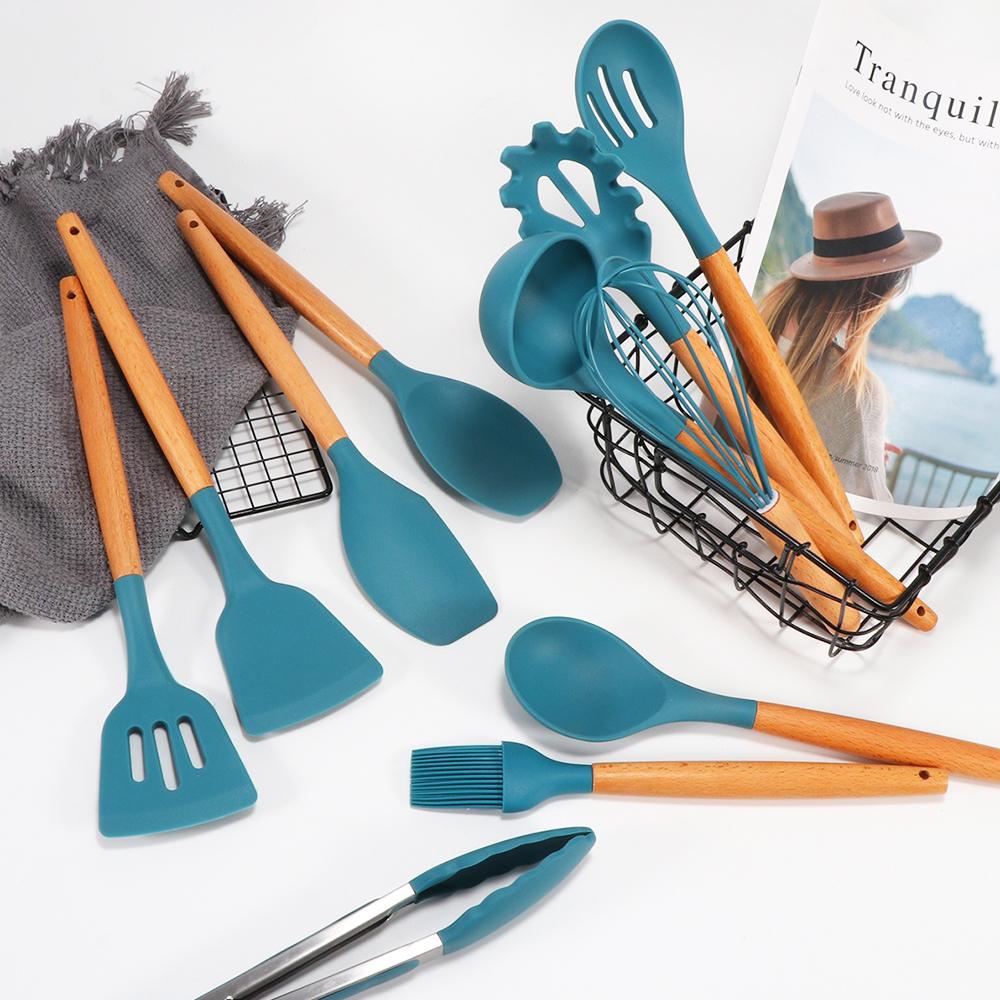 طقم توزيع سيليكون بمقبض خشبي مكون من 12 قطعة باللون الأزرق