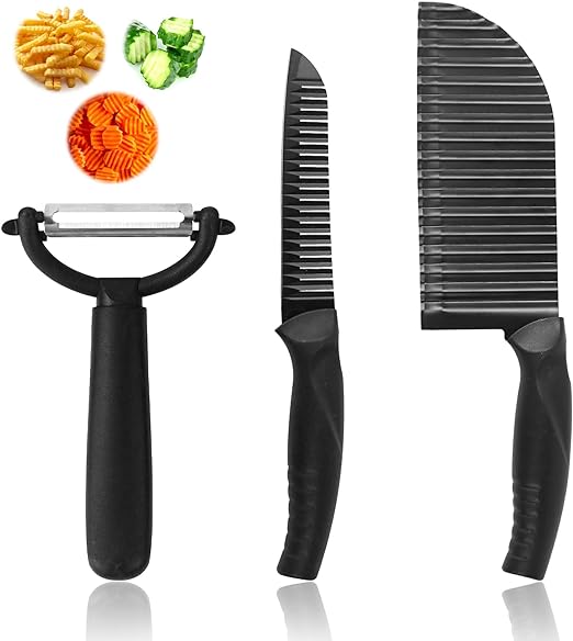 طقم سكاكين بطاطس ستانلس ستيل مكون من 2 سكين مموجتين ومقشرة، طقم 3قطع