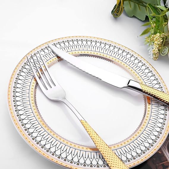 طقم أدوات مائدة فاخر من الفولاذ المقاوم للصدأ بمقبض ذهبي مكون من 4 قطع