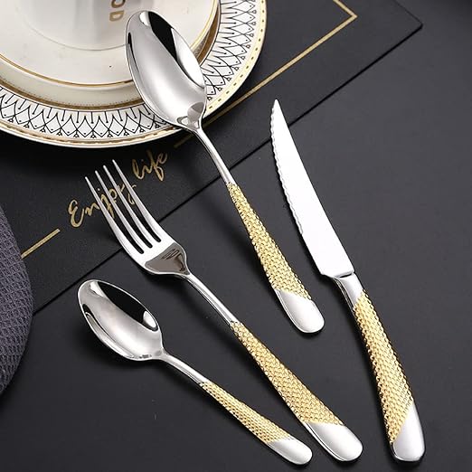 طقم أدوات مائدة فاخر من الفولاذ المقاوم للصدأ بمقبض ذهبي مكون من 4 قطع