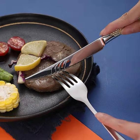 طقم أدوات مائدة فاخر من الفولاذ المقاوم للصدأ بمقبض ذهبي مكون من 4 قطع