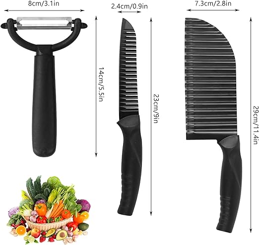 طقم سكاكين بطاطس ستانلس ستيل مكون من 2 سكين مموجتين ومقشرة، طقم 3قطع