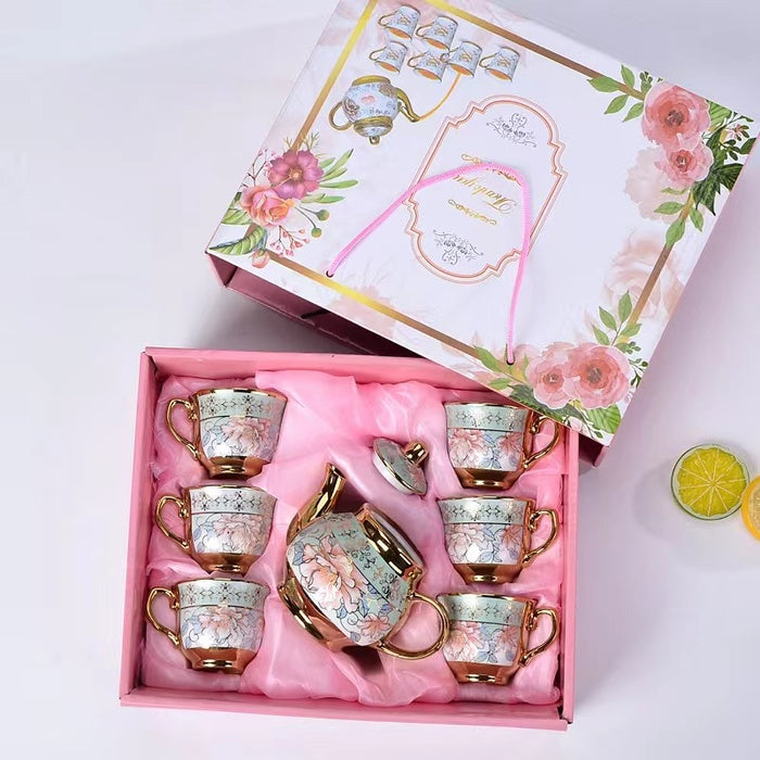 طقم شاي من السيراميك على الطراز الأوروبي من أبريق و 6 أكواب مع علبة هدية