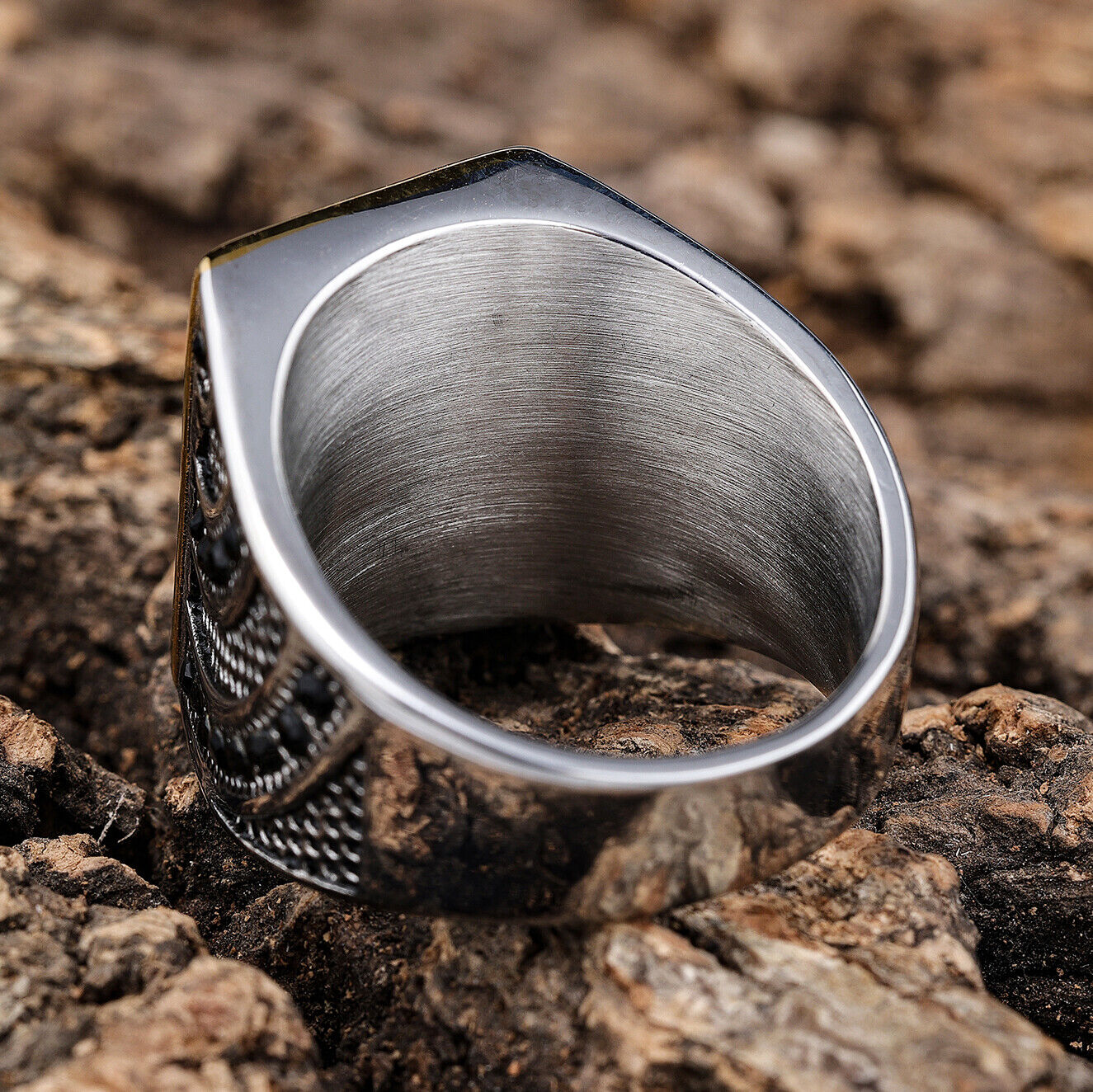 خاتم كلاسيكى بتصميم إيطالى من الستانلس ستيل المقاوم للصدأ، خاتم رجالي مطعم بالعقيق الأسود الفيروزي الطبيعي