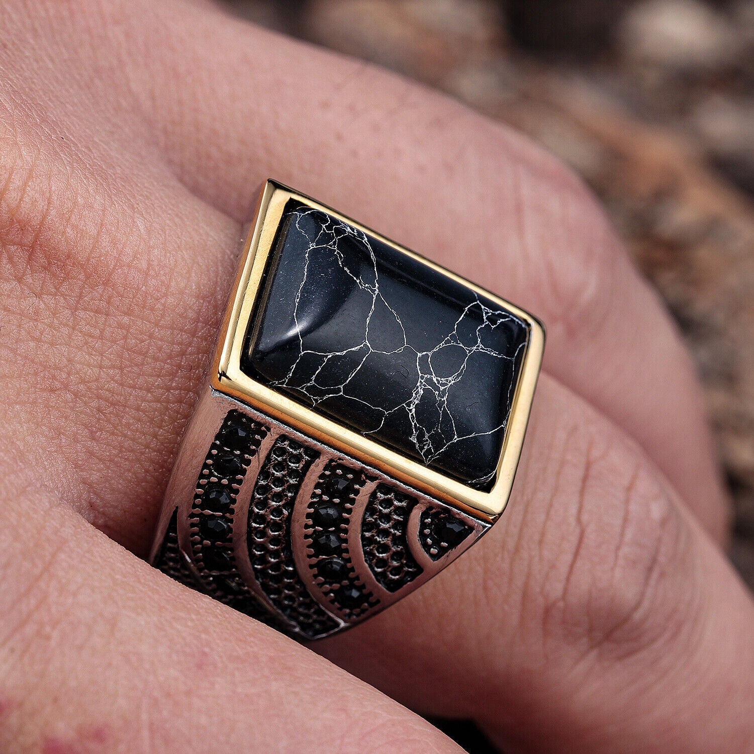 خاتم كلاسيكى بتصميم إيطالى من الستانلس ستيل المقاوم للصدأ، خاتم رجالي مطعم بالعقيق الأسود الفيروزي الطبيعي