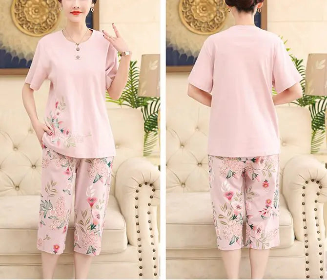 بيجامة نسائية صيفية رقيقة من القطن بنقشة أزهار وردية اللون، شورت وقميص