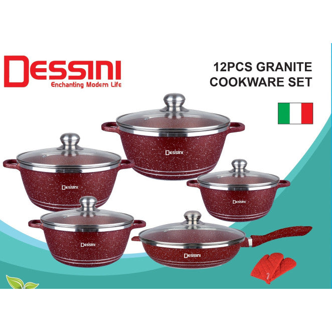 طقم جرانيت 12 قطعة غير لاصق، جرانيت دائرى بغطاء زجاجى بقاعدة ألومنيوم، ماركة Dessini Italy ايطالى المنشاء